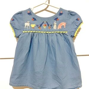 Baby Boden Blue Dress with Embroidered Farm Animals